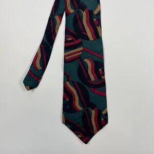 Cezani Green Burgundy Gold Geometric Silk Long Necktie Mens